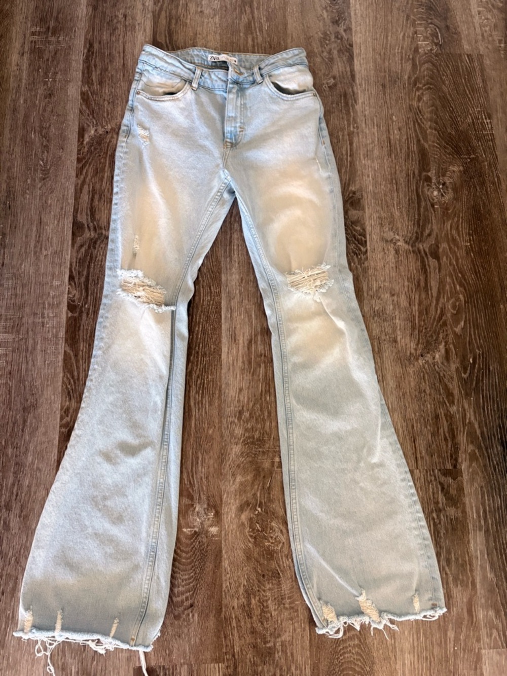 Zara Light Blue Distressed Flare Jeans - Picture 3 of 10